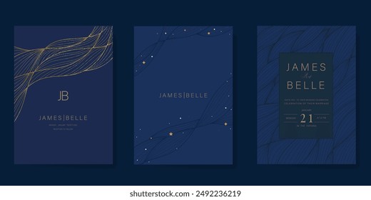 Navy Blue Luxury Wedding Invitation, start invite thank you, rsvp modern card Design in Night sky with  little star moon sun and space decorative Vector elegant rustic template