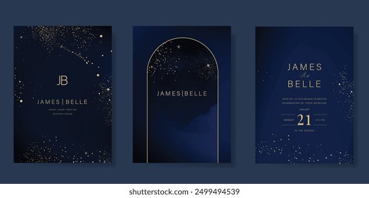 Navy Blue Luxury Wedding Invitation, start invite thank you, rsvp modern card Design in Night sky with  little star moon sun and space decorative Vector elegant rustic template