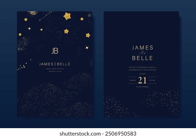 Navy Blue Luxury Wedding Invitation, start invite thank you, rsvp modern card Design in Night sky with  little star moon sun and space decorative Vector elegant rustic template
