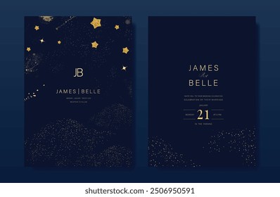 Invitación de Boda de lujo azul marino, inicio de invitación gracias, rsvp tarjeta moderna Diseño en el cielo nocturno con pequeño sol de luna de estrella y espacio Vector decorativo elegante Plantilla rústica
