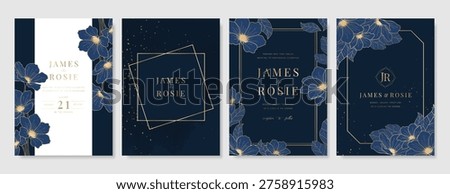 Navy Blue Luxury Wedding Invitation, floral invite thank you, rsvp modern card Design in gold flower with  leaf greenery  branches decorative Vector elegant rustic template