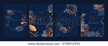 Navy Blue Luxury Wedding Invitation, floral invite thank you, rsvp modern card Design in gold flower with  leaf greenery  branches decorative Vector elegant rustic template