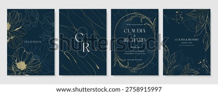 Navy Blue Luxury Wedding Invitation, floral invite thank you, rsvp modern card Design in gold flower with  leaf greenery  branches decorative Vector elegant rustic template