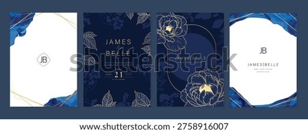 Navy Blue Luxury Wedding Invitation, floral invite thank you, rsvp modern card Design in gold flower with  leaf greenery  branches decorative Vector elegant rustic template
