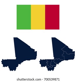 Navy Blue Mali Map and Flag isolated on white background. Vector illustration eps 10.