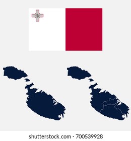 Navy Blue Malta Map and Flag isolated on white background. Vector illustration eps 10.