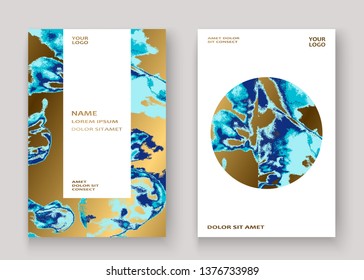 Navy blue marble luxurious texture paint artistic, wedding invitation design. Decorative splash fluid on golden background, vector Illustration. Trendy template vector Cover Card Flyer Poster Banner