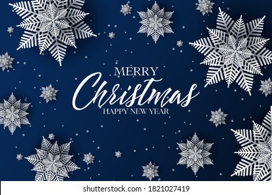 Carte de Voeux Joyeux Noël Navy Blue. Papier Origami blanc coupe le flocon de neige. Décoration De Bonne Année. Arrière-plan flocon de neige en hiver. Vacances saisonnières. Chute de neige. Origami. Arrière-plan bleu. Image vectorielle