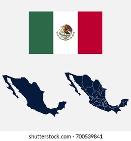 Navy Blue Mexico Map And Flag Isolated On White Background. Vector Illustration Eps 10.