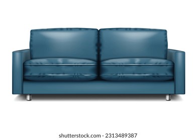 Navy blaues modernes Sektionsofa. Zeitgenössisches Sofa mit Metallbeinen. Sett mit Kissen. Realistische Vektorgrafik