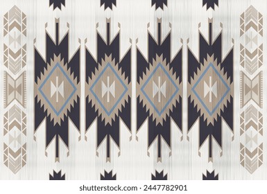 Navy blue navajo pattern on beige background.Beige arrows border pattern.Aztec pattern.Geometric shape.DIgital design.Illustration.Line.Modern.Design for rug.Blanket.Carpet.Printing.Tablecloth.Knitted