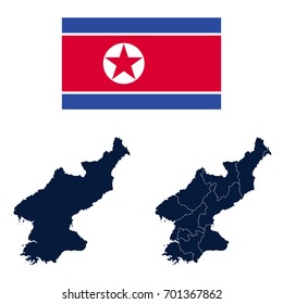 Navy Blue North Korea Map and Flag isolated on white background. Vector illustration eps 10.
