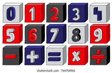 Navy Blue numbers from 0 to 9 with mathematical operations on blocks.