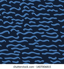 Navy blue ocean waves seamless vector pattern. Hand drawn seaside beach water tile. Wavy aqua all over print for seafaring blog, nautical textiles, maritime home decor. Wet lake, river, sea fabric