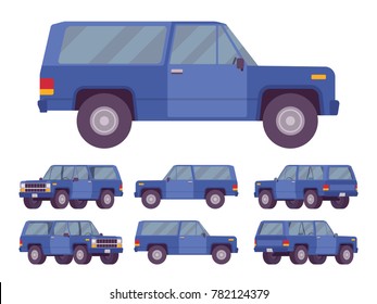 Navy blue offroad set. Motor vehicle having large tires for traveling off public roads, on unpaved trails, beaches, rough terrain. Vector flat style cartoon illustration isolated on white background