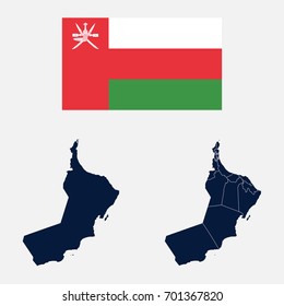 Navy Blue Oman Map and Flag isolated on white background. Vector illustration eps 10.