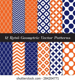 Navy Blue, Orange and White  Retro Geometric Patterns. Mod Backgrounds in Jumbo Polka Dot, Diamond Lattice, Scallops, Quatrefoil and Chevron. Vector EPS File's Pattern Swatches Made with Global Colors