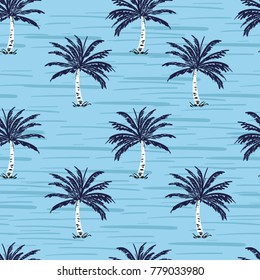 Navy blue palm trees on the sky blue background. Vector seamless pattern. Tropical illustration. Jungle foliage. Navy blue palm trees on the sky blue background. Vector seamless pattern. Tropical illustration. Jungle foliage.