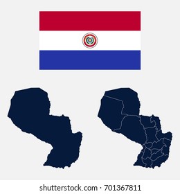 Navy Blue Paraguay Map and Flag isolated on white background. Vector illustration eps 10.