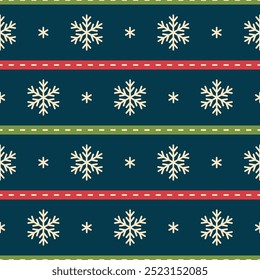 Navy blue pattern with white snowflakes and red green stripes. Seamless pattern. Vector background. Flat, Isolated vector illustration eps 10