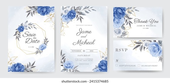 Navy blue peony rose wedding invitation card with golden leaves and golden frames. Template card set.