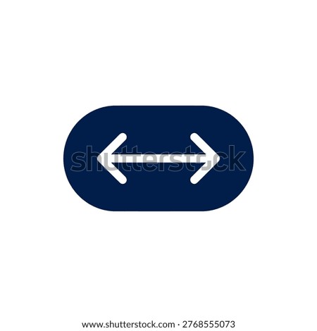 a navy blue pill shaped button icon with a double headed horizontal arrow pointing left and right representing swap transfer resize or scroll interaction for modern ui and app design