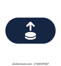 a navy blue pill shaped icon with a white stacked coin and upward arrow representing coin deposit money transfer digital payment upload or fund contribution for fintech banking and finance app design