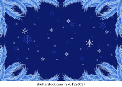 Navy blaue Kiefer Zweig Blatt mit Winter Schneeflocken Hintergrund. Weihnachtskulisse mit Kopienraum.
