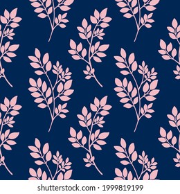 Navy blue pink abstract tree branches seamless pattern. Plants silhouette, Twig with Leaves. Floral vector texture, background for fabric, textile print, scrapbooking, invitation, wrapping, gift paper