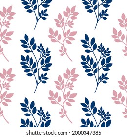 Navy blue pink abstract tree branches seamless pattern. Plants silhouette, Twig with Leaves. Floral vector texture, background for fabric, textile print, scrapbooking, invitation, wrapping, gift paper