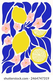 Navy Blue and Pink Floral Lemon Illustration