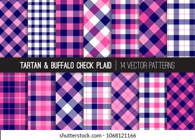 Navy Blue and Pink Tartan and Buffalo Check Plaid Vector Patterns. Girly Flannel Shirt Textures. Hipster Fashion. Checkered Background. Pattern Tile Swatches Included.