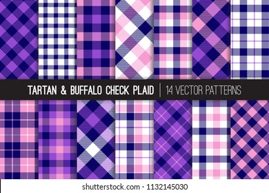 Navy Blue, Pink And Violet Tartan And Buffalo Check Plaid Vector Patterns. Purple Flannel Shirt Textures. Hipster Fashion. Checkered Background. Repeating Pattern Tile Swatches Included.