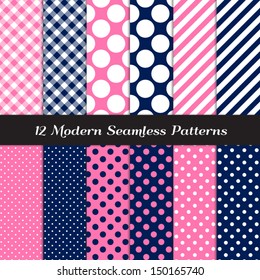 Navy Blue, Pink and White Polka Dot, Gingham and Stripes Patterns. Pattern Swatches included and made with Global Colors - easy to change all patterns in one click.