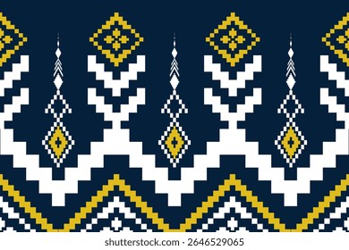 Navy Blue Pixel Pattern Border: Ethnic Inspired Geometric Design with Yellow and White Accents, Seamless Vector for Textile and Decorative Use