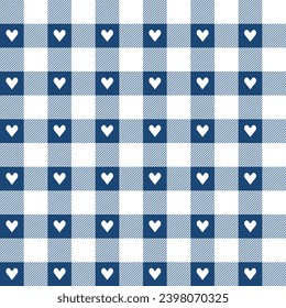 Navy-blaues Plaid-Muster mit Herzhintergrund. Planetenhafter Hintergrund. plaid Hintergrund. Nahtloses Muster. im Hintergrund, Dekoration, Geschenkverpackung, Gingham-Tischdecke, Decke, Tartan.