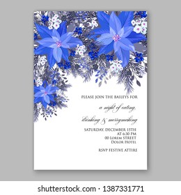 Navy blue Poinsettia Merry Christmas Party Invitation flyer Floral winter wreath of flower fir pine cone berry