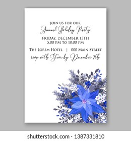 Navy blue Poinsettia Merry Christmas Party Invitation flyer Floral winter wreath of flower fir pine cone berry