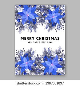 Navy blue Poinsettia Merry Christmas Party Invitation flyer Floral winter wreath of flower fir pine cone berry