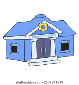 A navy blue police station Cartoon, Hand drawing illustration, perfect for law enforcement, security visuals, and urban safety themes.