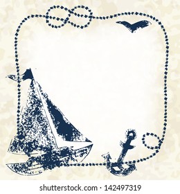 Navy blue prints of a boat, anchor and seagull with a marine rope frame on a grunge background, vector