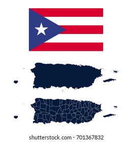 Navy Blue Puerto Rico Map and Flag isolated on white background. Vector illustration eps 10.