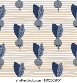 Silhouettes de rábano azul marino simple patrón sin costura. Fondo claro despojado. Impresión de comida estilizada. Fondo decorativo para papel pintado, textil, papel envolvente, impresión de tela. Ilustración vectorial.