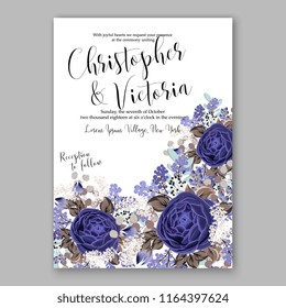 Navy Blue ranunculus rose peony Floral wedding invitation or greeting card Wreath flower marriage baby shower bridal shower invitation, party celebration printable template watercolor background
