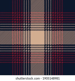 Navy blue, red and beige plaid. Tartan pattern for clothes, pillows, tablecloth, paper etc.
