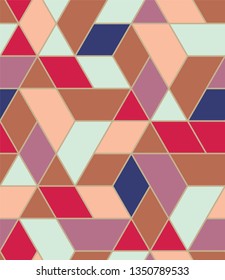 Navy blue, red, brown, pink, and light green multi-colored blocks, seamless repeat vector pattern.  Diamond, triangle, trapezoid.