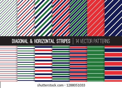 Navy Blue, Red and Green Diagonal and Horizontal Stripes Vector Patterns. Preppy Style Striped Backgrounds. Pin and Candy Stripes. Variable Thickness Lines. Pattern Tile Swatches Included.