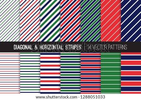 Navy Blue, Red and Green Diagonal and Horizontal Stripes Vector Patterns. Preppy Style Striped Backgrounds. Pin and Candy Stripes. Variable Thickness Lines. Pattern Tile Swatches Included.