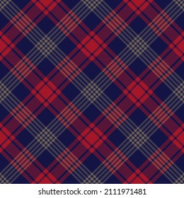 Navy blue, red and khaki tartan plaid. Scottish argyle pattern fabric swatch close-up. 