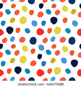 Navy blue, red, orange, chartreuse watercolor hand painted polka dot seamless pattern. Acrylic ink circles, confetti round texture. Abstract vector illustration, fabric textile, design greeting cards.